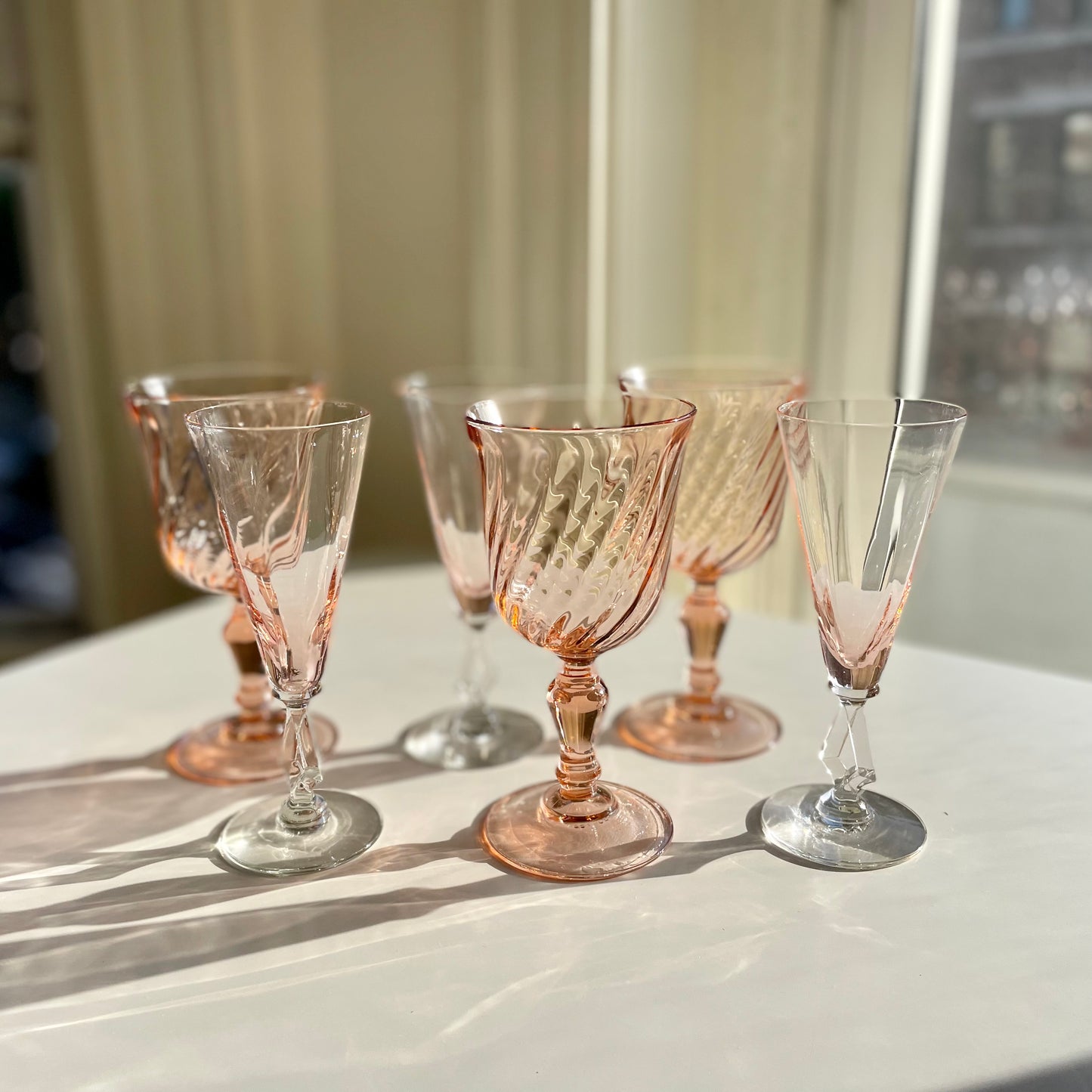 Set of 6 Pink Depression Glass Stemware