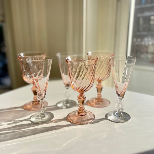 Set of 6 Pink Depression Glass Stemware