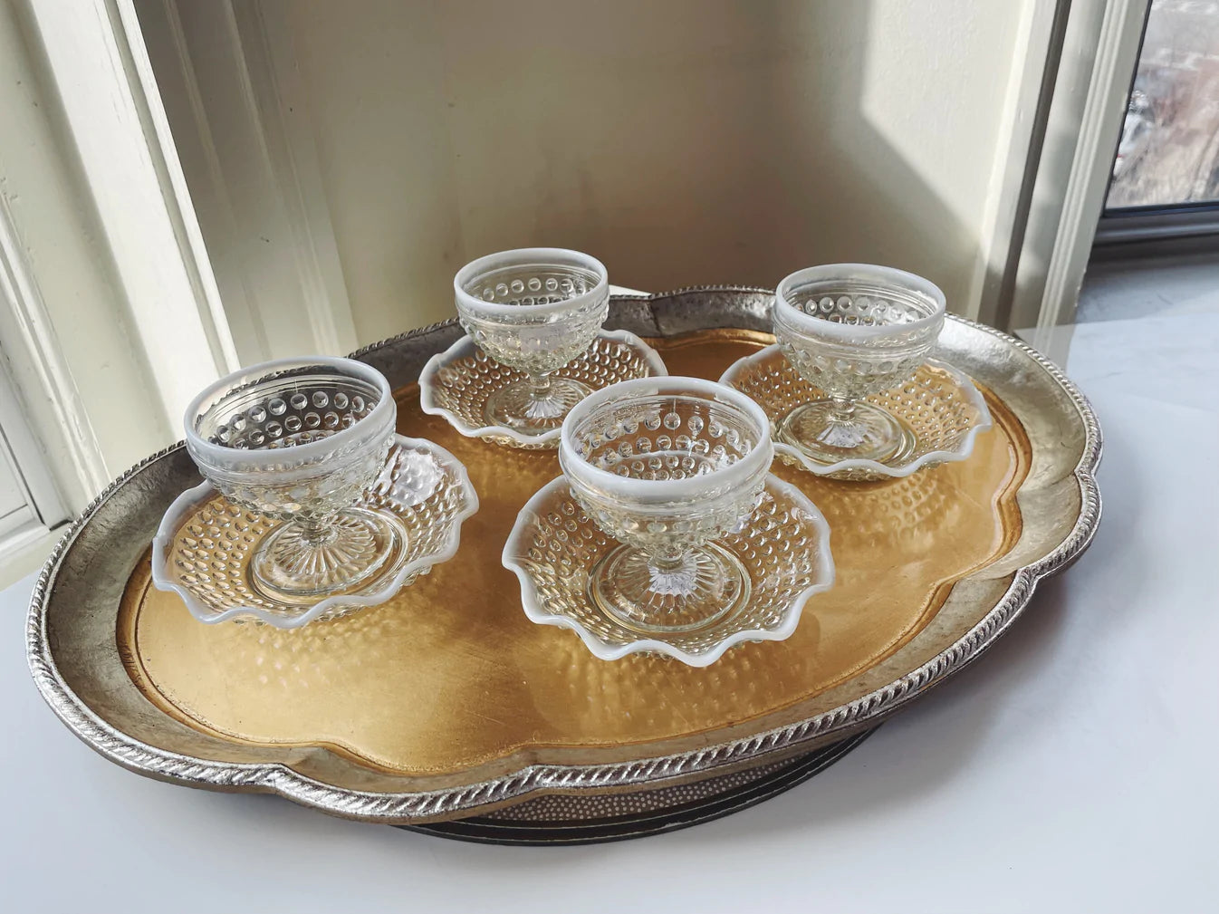 Hobnail Glassware Set, 6 Dishes & Saucers